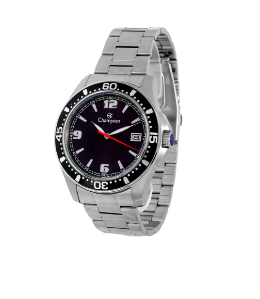 Relogio Champion Masculino Aço Prateado Preto Calendario Ca31248t