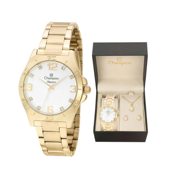 Kit Relógio Champion Dourado Feminino Cn28446w