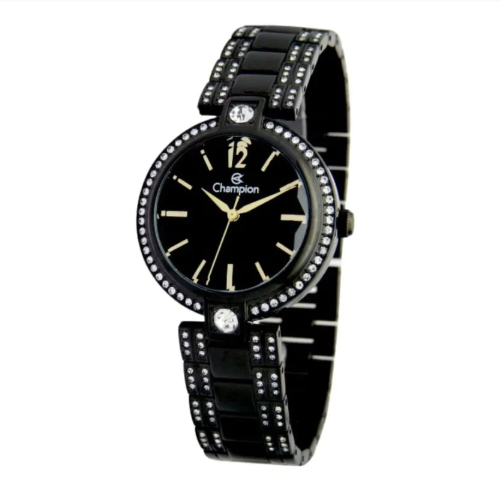 Relógio Champion Feminino Preto Strass Abaulado Cf25045p