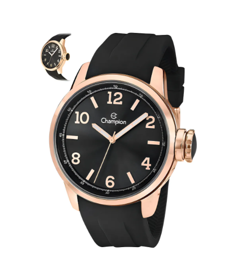 Relógio Champion Feminino Rosé Pulseira De Silicone Preta Cn29758u