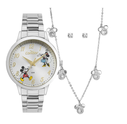 Kit Relogio Adolescente Condor Disney Mickey Minnie Prateado
