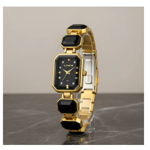 Relogio Lince Dourado Grace Pedras Pretas Luxo Lqg4870l23