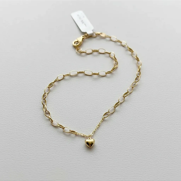 Pulseira Elo Português 18,5cm Ouro 18k Pingente Coração