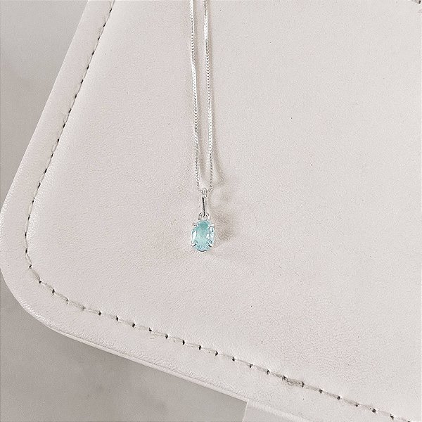 Colar pingente zircônia oval azul claro 7x5mm 45cm - Prata 925