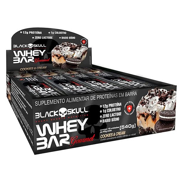 Barra de Proteina Whey Bar Gourmet Zero Lactose Colostro Cookie Cream 12 Un 45 g - Black Skull