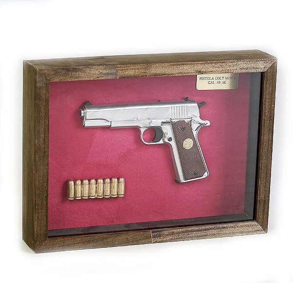 Quadro Retro Pistola Colt M1911 Calibre .45 AC Prata Fundo Vermelho Team Six Brasil