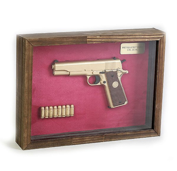 Quadro Retro Pistola Colt M1911 Calibre .45 AC Dourada Team Six Brasil