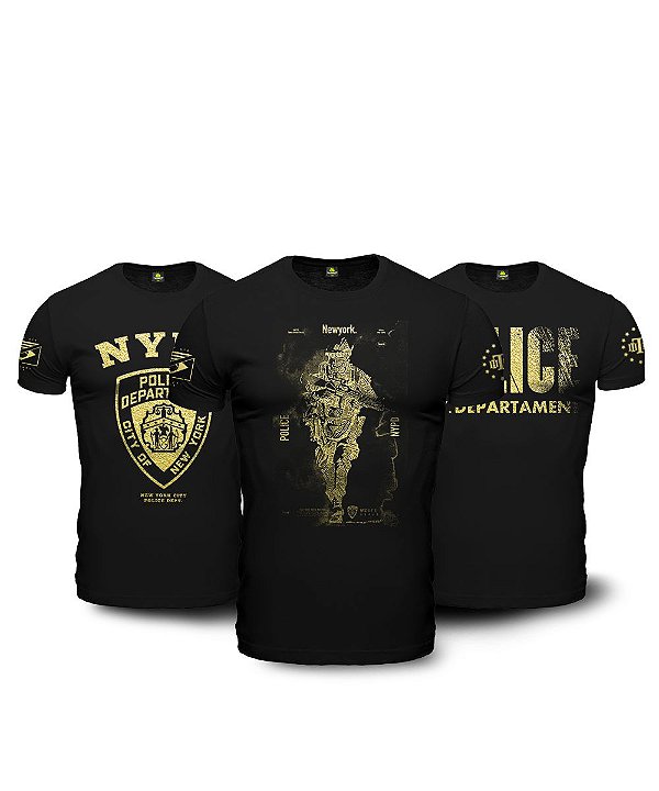 Kit 3 Camisetas Masculinas Pretas em Algodão NYPD Team Six Brasil