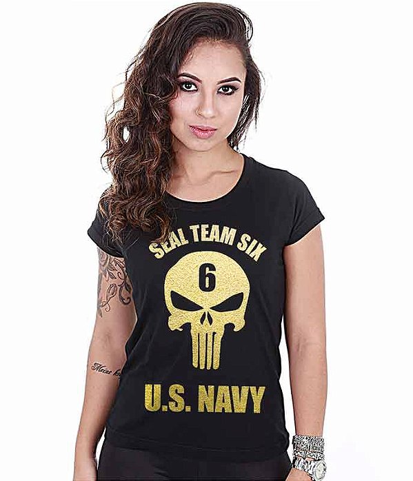 Camiseta Baby Look Feminina Punisher Seal US Navy Gold Line Team Six Brasil