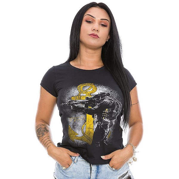 Camiseta Baby Look Feminina Marinha Tactical Team Six Brasil