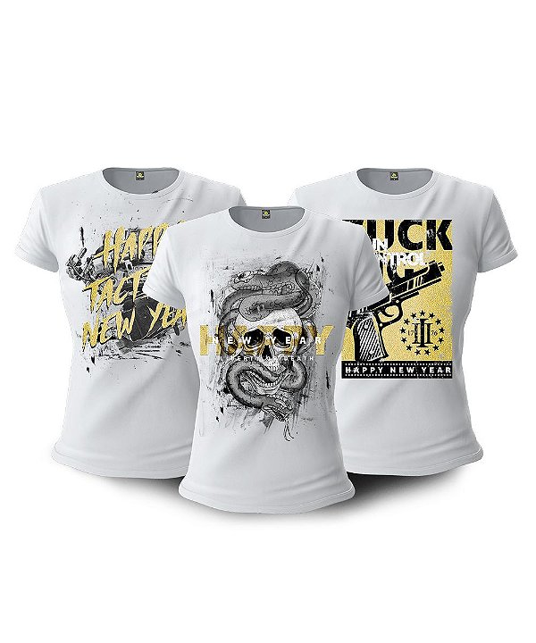 Kit 03 Camisetas Baby Look Feminina Happy New Year