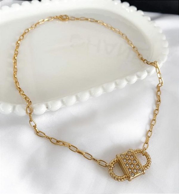 Choker ISIS banhada em 18 k mais verniz italiano cadeado com micro zirconia
