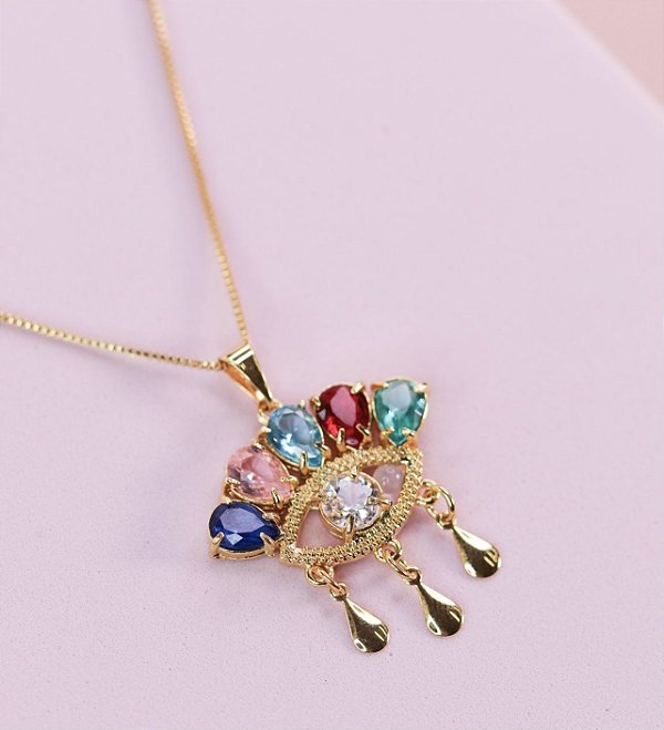 Colar LUMA veneziana folheada olho grego gota color cravejado com zirconia