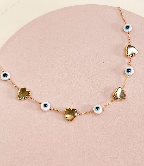 Choker KATE olho grego + coração folheada a ouro