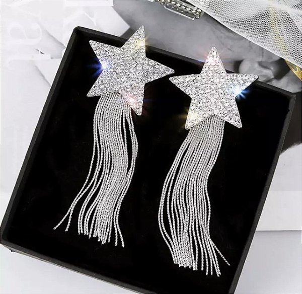 Brinco ARTEMIS party estrelas com franja prata 2em1