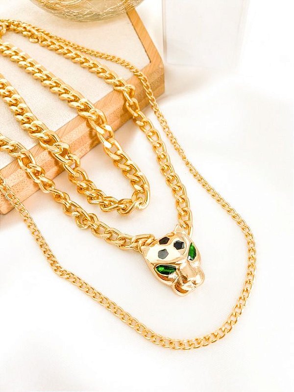 Colar CAMILA triplo folheada a ouro com pingente leopardo