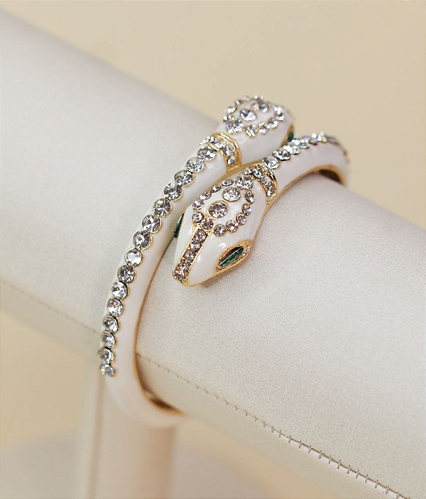 Bracelete LUIZA cobra branco strass com verniz italiano