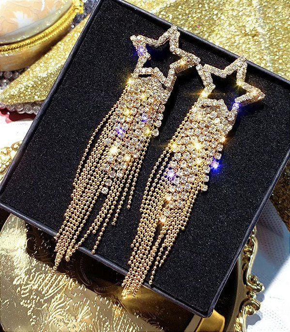 Brinco AVRIL estrela franjas strass premium dourado