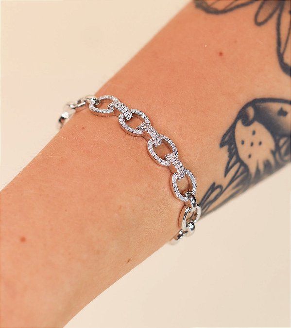 Bracelete CARLA elos prata cravejados com microzirconia verniz italiano