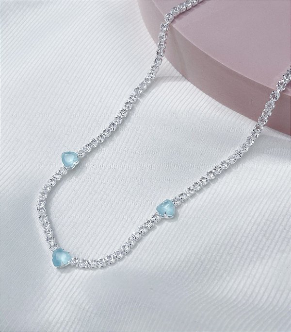 Choker ANTONELA De Zircônias com pedra azul claro (folheada a prata)