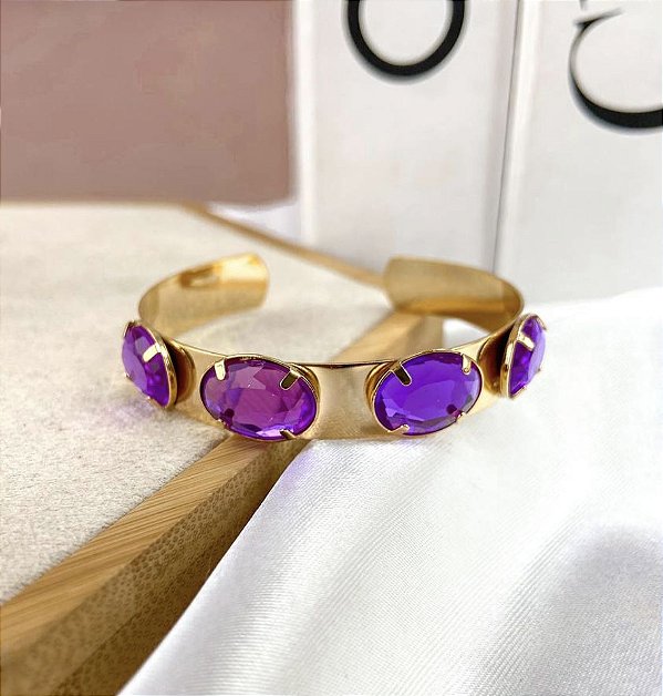Bracelete JESSY folheada com pedras chaton roxo