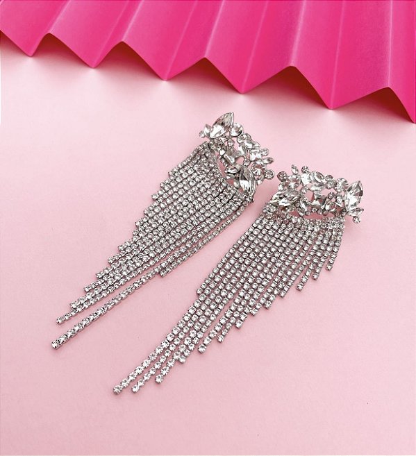 Brinco AMY party  franjas strass prata