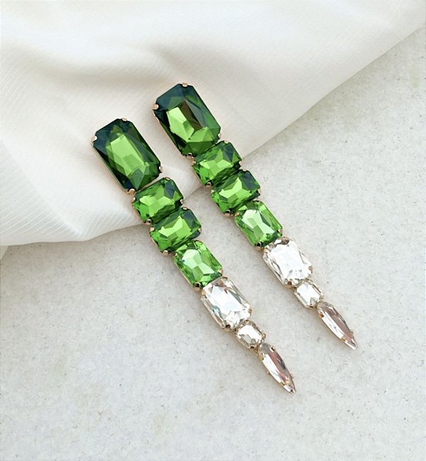 Brinco ELOA pedra premium duo color (verde + cristal)  longo