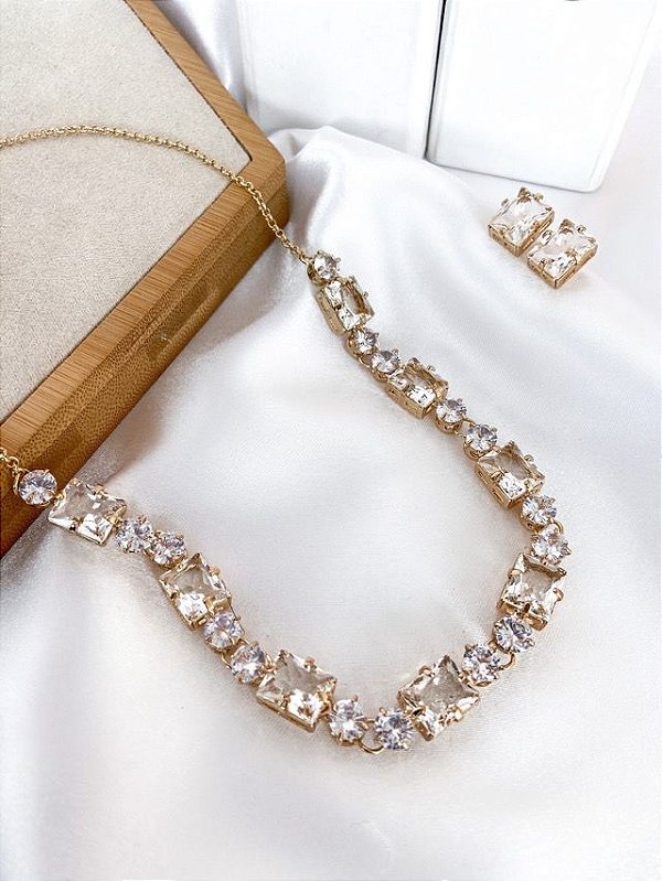 Conjunto CLEO colar e brinco pedra premium cristal folheado a ouro