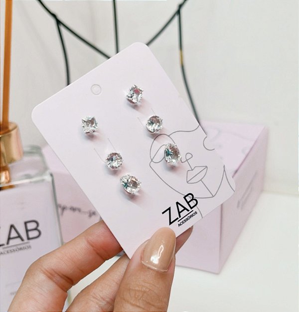 Trio de brincos JANE folheada a prata com zirconia