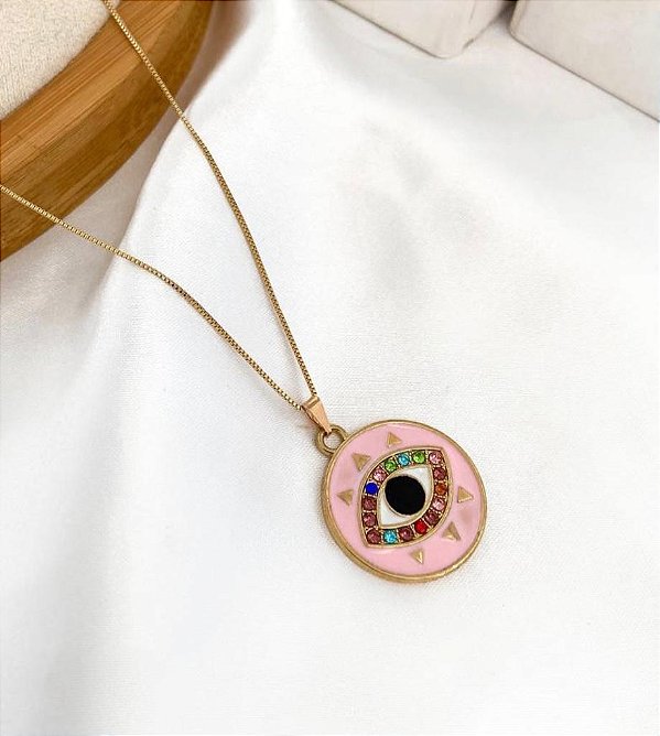Colar ISLA veneziana folheada olho grego rosa cravejado com zirconia