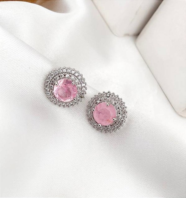 Brinco POLI mini pedra rosa banhada a prata com zirconias