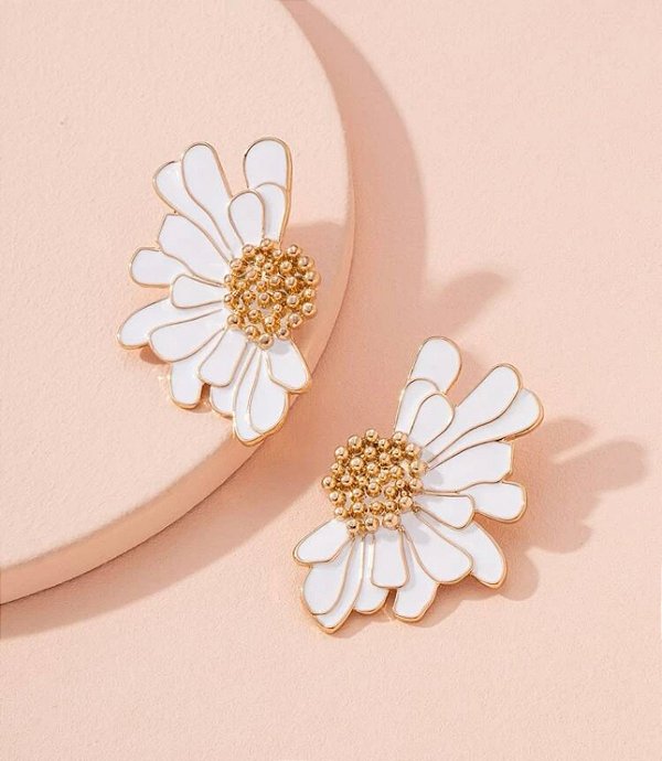 Brinco NAOMI meia flor esmaltado branco bijuteria fina