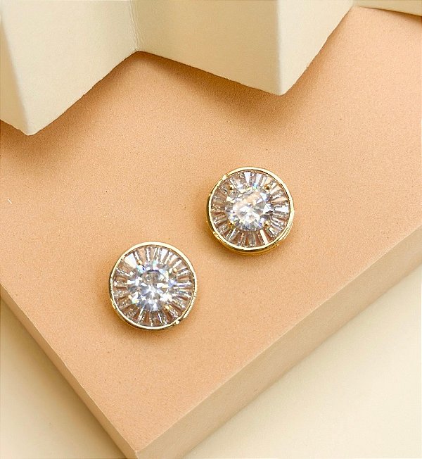 Brinco EMILIA pizza M cravejada com zirconia navete folheada a ouro