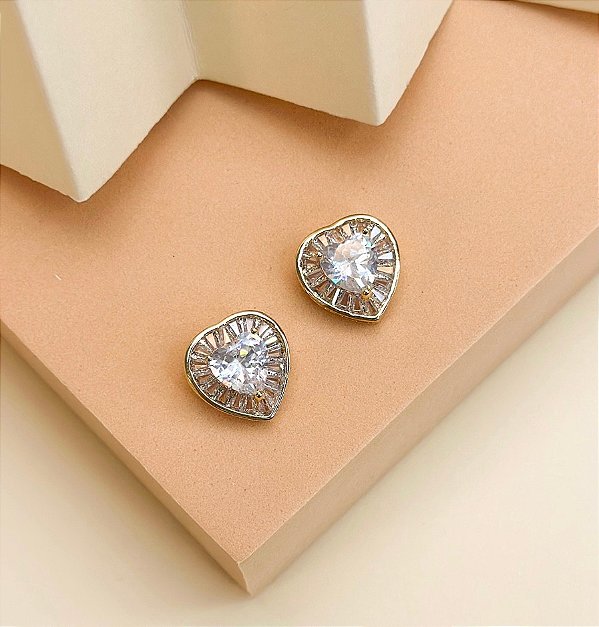 Brinco SUZY pizza M coração cravejada com zirconia navete folheada a ouro
