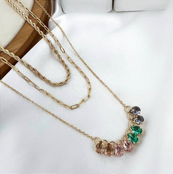 Colar GALISTEU trio de colares  Folheada A Ouro Com pedras em zirconia