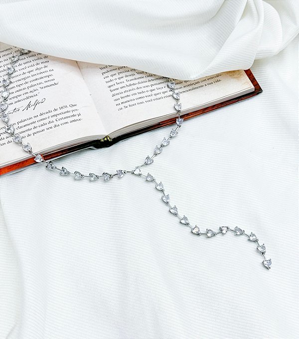 Colar GRETA lariat riviera 3 pontas folheada a prata com zirconia premium