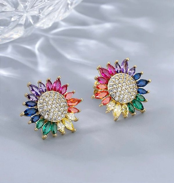 Brinco DIENE girassol em zirconia Colors folheada a ouro