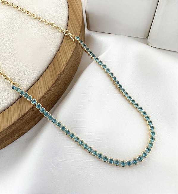 Choker MIKAELE De Zircônias com pedra azul turquesa folheada a ouro