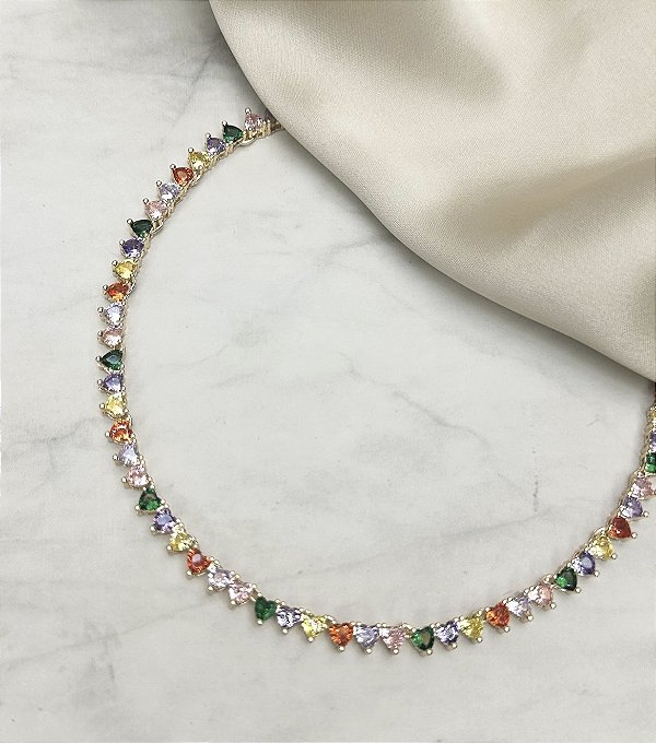 Colar CHER riviera coração 3 pontas em Zirconia Colors premium folheada a ouro