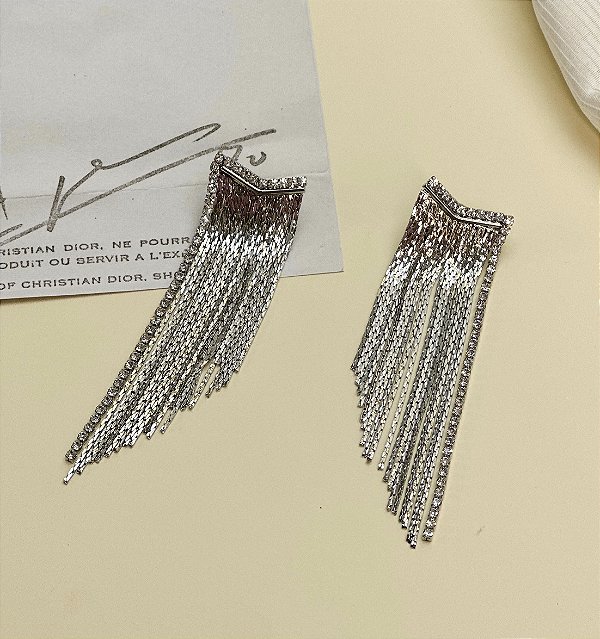 Brinco ANGELICA franja com strass premium Tam G folheada a prata