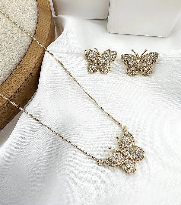 Conjunto VALENCIA colar e brinco borboleta cravejado com zirconia folheada a ouro
