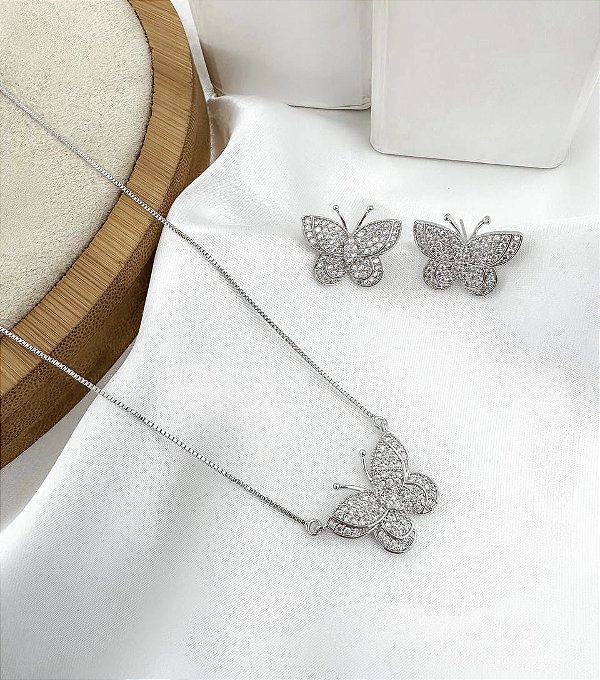 Conjunto VALENCIA colar e brinco borboleta cravejado com zirconia folheada a prata
