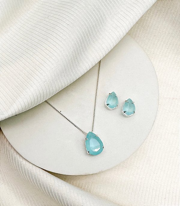 Conjunto TELMA colar e brinco folheado a prata ponto de luz zirconia azul claro