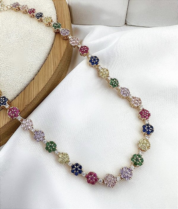 Colar FERGIE riviera flor Zirconia Colors premium folheada a ouro