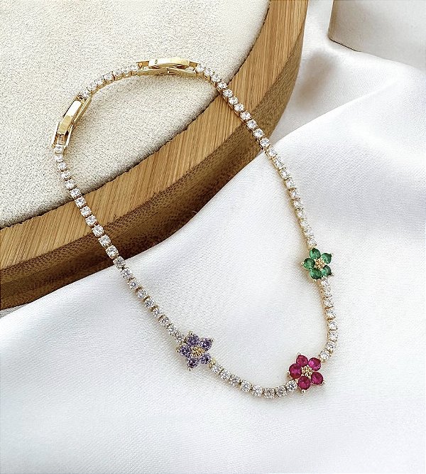 Pulseira ELIDA cravejado com zirconia flor Colors premium folheada a ouro