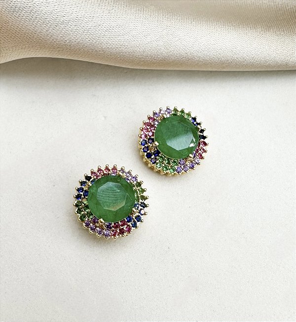 Brinco PAOLA pedra verde cravejado com microzirconias colors folheada a ouro