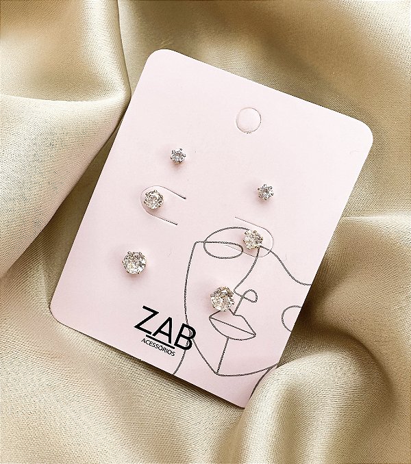 Trio de brincos AVILA ponto de zirconia  folheada a ouro