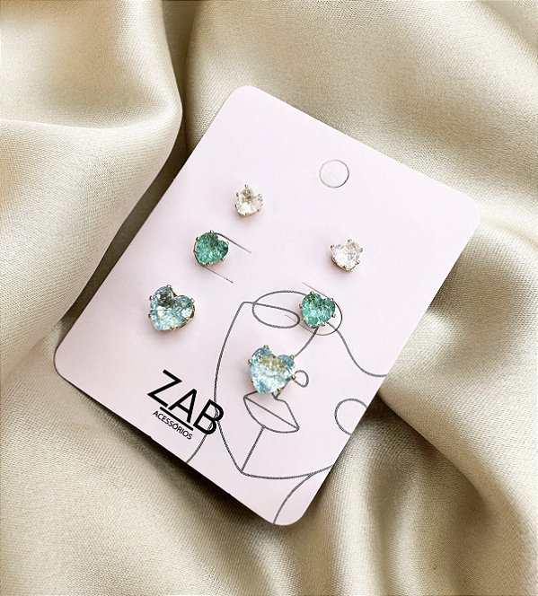 Trio de brincos DASH zirconia colors folheada a ouro