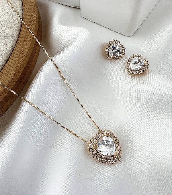 Conjunto ANDIE colar e brinco cravejado zirconia folheada a ouro