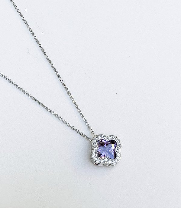 Colar CLIF flor cravejada com zircônias LILAS folheada a prata